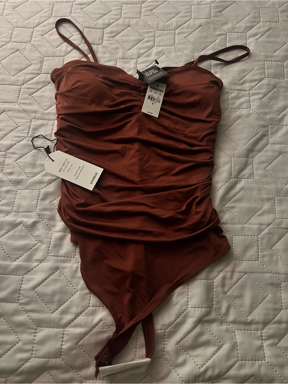 Express Brown Ruched Spaghetti-Strap Bodysuit - Picture 3 of 5